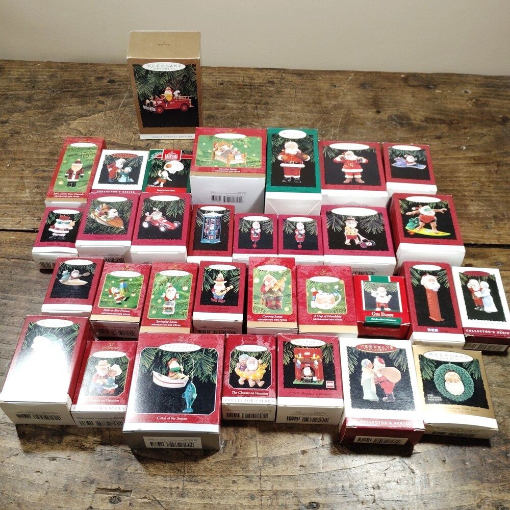 32 Vintage Hallmark Christmas Ornaments Santa Fishing Pez Keepsake Collector BOX